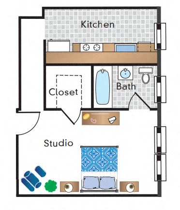 Floor plan for studio, 1 bath, 400 sqft